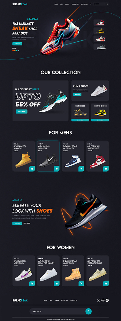 SNEAKPEAK SHOES WEBSITE DESIGN app branding design elementor figma graphic design illustration landing page logo ui ui design uiux vector web web design website website design wordpress
