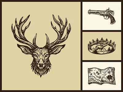 Vintage Hunting Art Illustration Set activity adventure animal artwork camping expedition forest hobby hunting illustration nature outdoors rifle sketchy survival vector vintage weapons wild wildlife