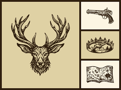 Vintage Hunting Art Illustration Set activity adventure animal artwork camping expedition forest hobby hunting illustration nature outdoors rifle sketchy survival vector vintage weapons wild wildlife