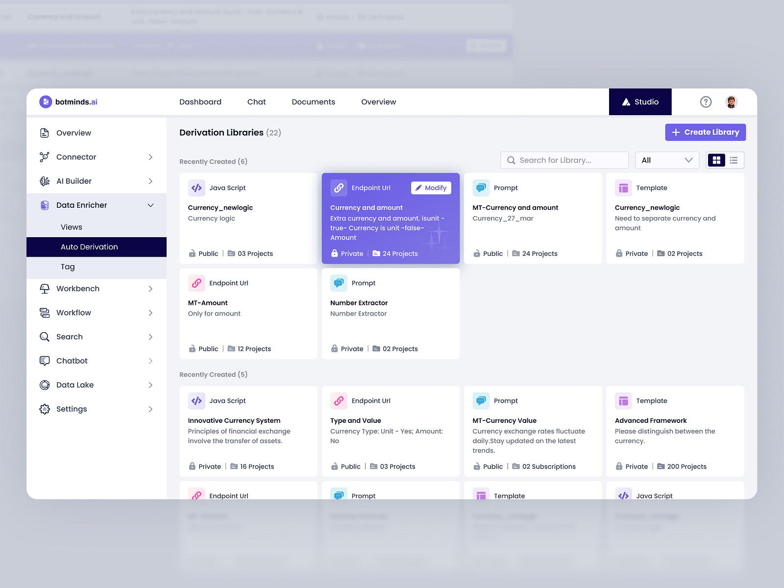 AI-Powered Derivation Libraries Dashboard — Modular Card UI by Pranav ...