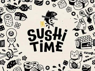 Logo Mark + Pattern Illustration blockprint branding drawing illustration linedrawing logo mark pattern printmaking surfacepattering sushi woodblock