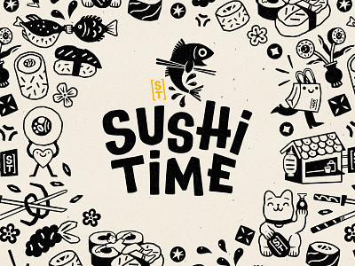 Logo Mark + Pattern Illustration blockprint branding drawing illustration linedrawing logo mark pattern printmaking surfacepattering sushi woodblock