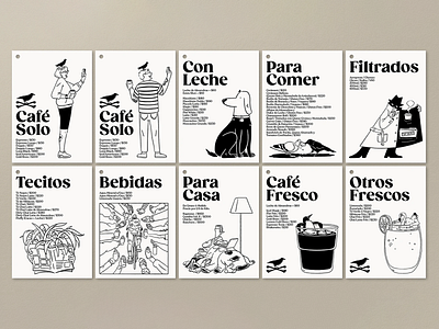 Cuervo Cafe - Illustrated Menu System brand branding color contrast creative menu design graphic design high contrast illustration illustrative illustrative menu design menu menu design menu pages menu system modern playful white and black