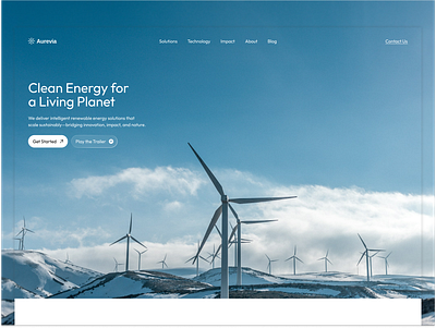 Aurevia – Clean Energy Web Experience blue clean dailyui designinspiration energy glassmorphism interface landingpage minimalist modern renewable renewable energy sustain sustainable ui web web design