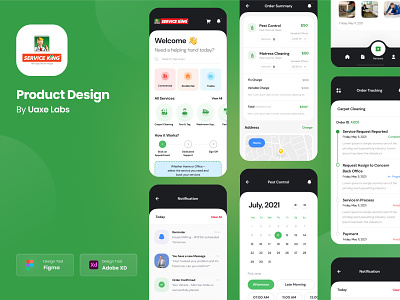 Food Delivery Mobile App Design app design appointment booking cleaning service empathy map figma green minimal online order pest control product design service app style guide uaxe labs ui ux wireframing
