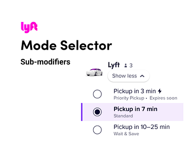 Lyft Mode Selector Modifiers Hackathon UX Ideation to App Launch android design dog experimentation exploration hackathon ios logic lyft mod modes modifier modify related rideshare selector simple ui user friendly ux