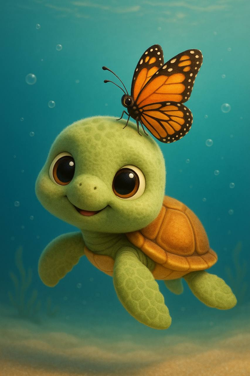 Little Turtle Under The Sea With His Dream Butterfly 3d illustration 3d turtle illustration illustrator kids art kids book poster poster design