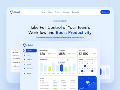 Task Management App Dashboard app bar chart blue branding calendar clean dashboard design graphic design illustration landing page modern ui productivity task management trendy ui ux web website design wireframing