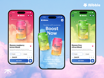 ✦ Nibble × Recess — eCommerce UI for Wellness Drinks 3d beverageui brightdesign colorfului cpgdesign ecommerceapp mobileux productpage uiux wellnessdesign