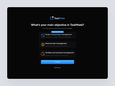 TaskMate – Onboarding Flow UI dark ui dashboard design figma figma designer onboarding design ui ui design ui designer uiux design uiux designer ux ux design ux designer web app web design web designer website design
