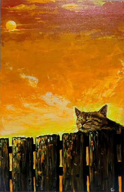 Original Acrylic Painting – Sleepy Tabby Cat on Fence, Sunset acrylic art cat hand painted handmade paint painting sky sunset