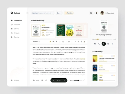 Babuk - Ebook Dashboard audio book book reader bookmarks branding clean design concept dasboard for book reading dashboard discover book figma homepage library logo reading experience ui user interface