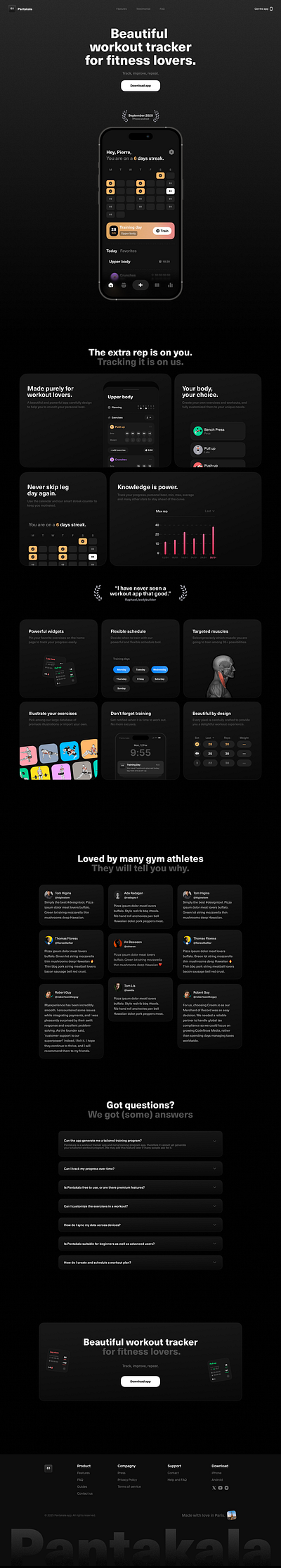 Landing page for Pantakala, a workout tracking app. above the fold app bento bento grid dark design faq features figma fitness footer hero illustrations landing landing page mobile app testimonials tracker ui ux