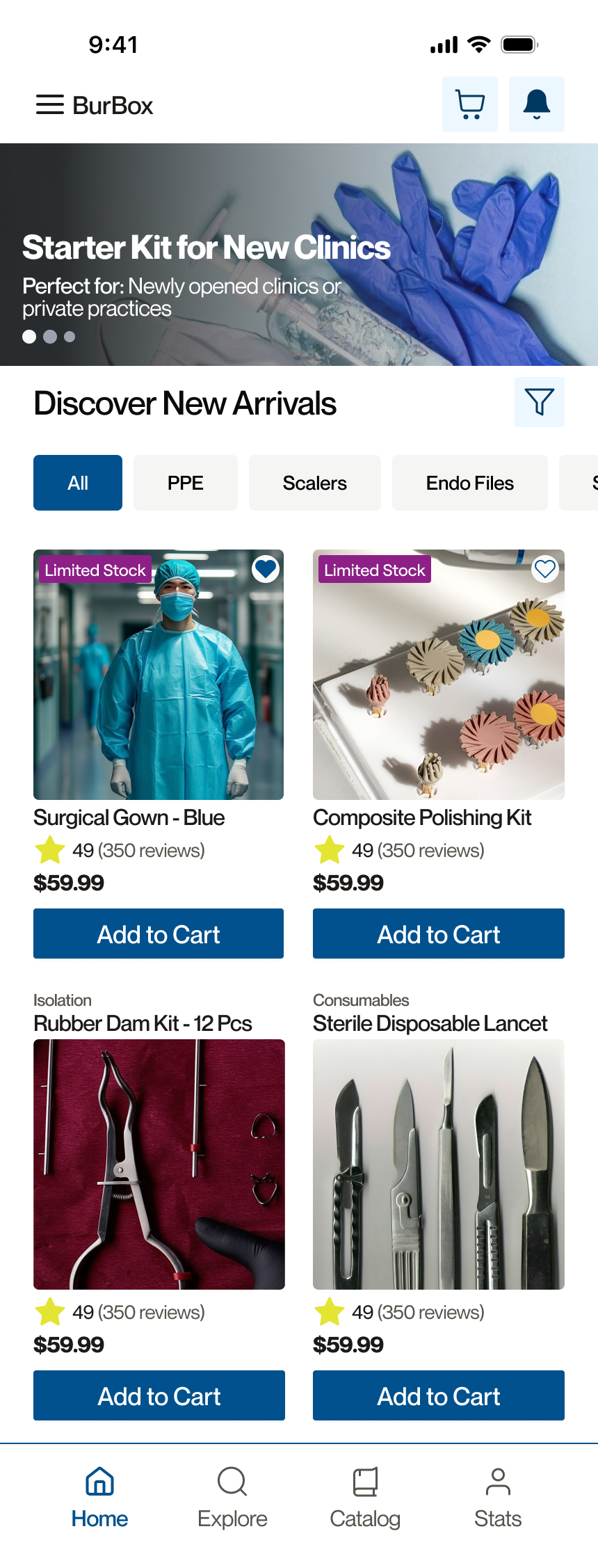 BurBox Mobile App — Buying Dental Tools Just Got Smarter application blue blue ui e commerce figma freelance graphic design medical mobile app product design ui ux