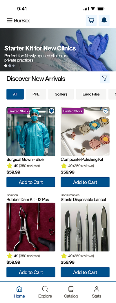 BurBox Mobile App — Buying Dental Tools Just Got Smarter application blue blue ui e commerce figma freelance graphic design medical mobile app product design ui ux