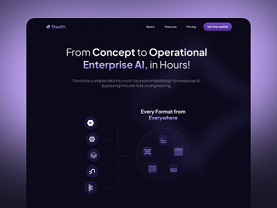 Landing Page Design for a Stealth AI Startup ✨ ai dark mode data genai landing page openai purple silicon valley ui