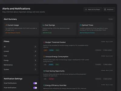 Energy Dashboard: Alerts & Notifications alerts app b2b clean dark ui desktop ele elements energy energy dashboard heavy ops interaction modern notification product design saas software ui ux web app