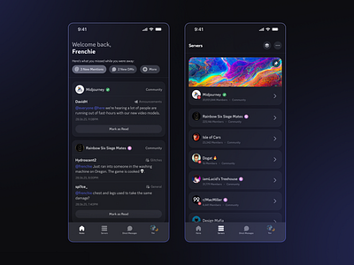 Discord- UX Concept app arrange banner cards clean dark dark theme discord mobile navigation bar night night mode pills purple rearrange ui ux welcome welcome screen
