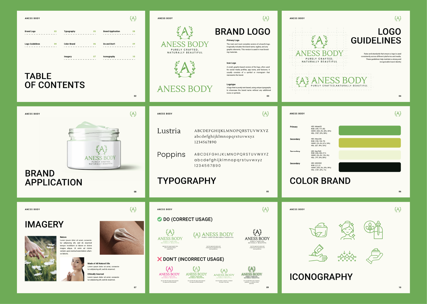 Aness Body - Brand Book beauty boutique brand book branding cosmetic elegant green identity logo luxury minimalist nature organic packaging print skincare spa vector visual identity wellness