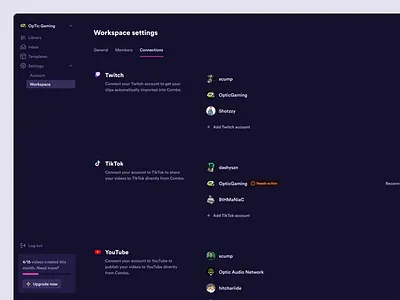 Combo - connections accounts clean combo connections gaming integrations interface rows socials ui web