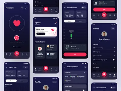 Health Tracker Mobile App UI Design blood pressure app calorie app dark mode fitness app health health metrics health tracker app healthcare healthcare app landing page mobile app popular design shahinurstk02 tracker uiux design
