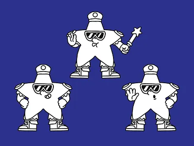 Star Character Draft ⭐🥾😎 black blue boots branding character design cool cop design development fun glasses glove graphic design illustration logo mascot retro simple star white