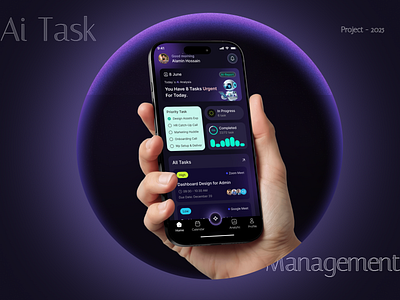 AI Task Management Mobile App aiapp appconcept artificialintelligence darkui dribbbledesign dribbbleweeklywarmup figmadesign futuredesign home page interface minimalui mobileapp mobileappdesign productivityapp smartassistant task management taskmanager uidesign userexperience uxdesign