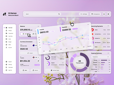 Banking Dashboard - UI Design app bank banking chart clean concept dashboard data design desktop finance financial glass graph lavendar minimal purple ui ux website