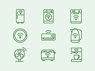 Smart Home Essentials – Green Line Icon Set air conditioner ui app flat household devices icon design icon set iconography icons illustration kettle kitchen tech line minimalist design robot vacuum smart appliances smart coffee maker smart home ui vector line washing machine