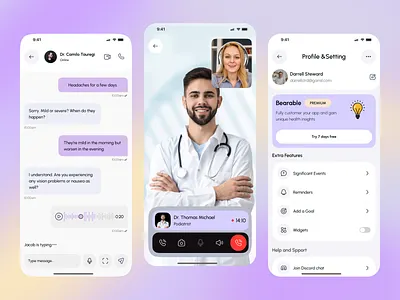 Message, Call & Setting Page -Bearable Mobile App app app design bearable app call call page healthtech ios app mentalwellness message message page minimal mobile mobole setting page settingsscreen ui video call