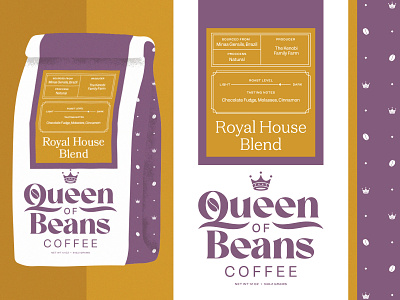 Unused Direction: Queen of Beans Coffee Branding bean brand identity branding coffee coffee bag coffee bean coffee branding coffee label coffee logo coffee packaging crown design graphic design layout logo package design packaging pattern queen typography