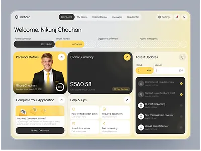 DebtZen - Minimalistic Fintech Dashboard for Claim Tracker claimtrackingui cleanui darklightmode dashboarddesign debtzen design designinspiration dribbbleshots figma figmadesign fintechdesign minimaldesign modernui prototype refundplatform uiuxdesign userinterface webappdesign wireframe