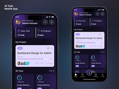 AI Task Management Mobile app (Home Page) ai app androiddesign appconcept cleandesign darkmode designinspiration designsystem figmadesign interactiondesign iosdesign lightmode minimalui mobileappui mobiledesign productivityapp smartassistant taskmanager uidesign userinterface uxdesign