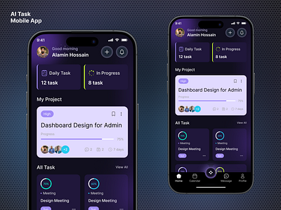 AI Task Management Mobile app (Home Page) ai app androiddesign appconcept cleandesign darkmode designinspiration designsystem figmadesign interactiondesign iosdesign lightmode minimalui mobileappui mobiledesign productivityapp smartassistant taskmanager uidesign userinterface uxdesign