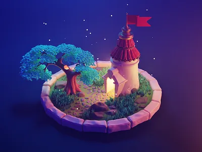 Fantasy Tower 3d blender brick cobblestone diorama fantasy illustration isometric magic model night polygon runway render stars tower tree wizard