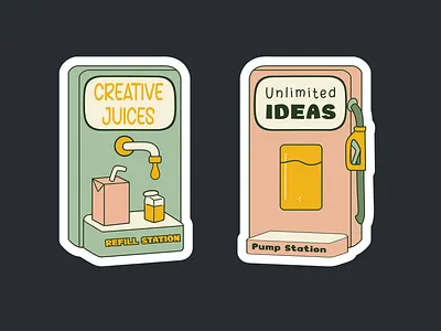 Creative Refill Co. creative concept creative process digital illustration dribbble challenge dribbble sticker challenge fuel station graphic design juice box playful art quirky retro sticker retro vibes sticker design visual metaphor