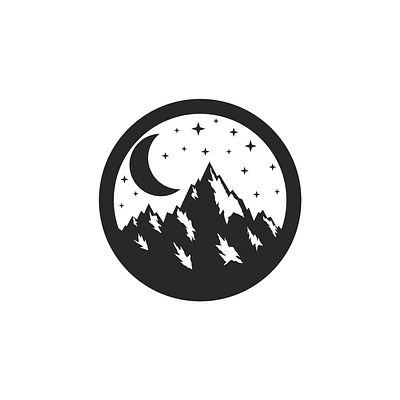 Night mountain badge with moon and stars in black and white adventure branding mark black and white illustration camping logo circular mountain badge crescent moon icon hiking patch vector logo design minimal badge design minimal nature design mountain scenery silhouette night mountain logo night sky landscape outdoor adventure emblem outdoor logo starry night