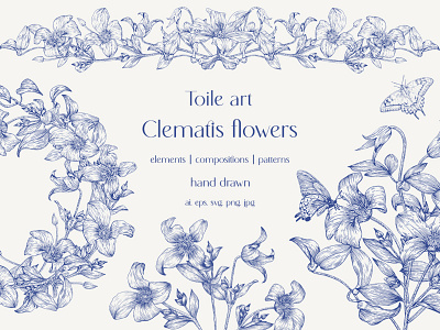 Clematis flowers vector Toile set. Hand drawn blooming blue clematis composition floral design drawing element engraved floral floral pattern flowers graphics greeting card hand drawn illustration seamless pattern sketch toile vector illustration wedding decor