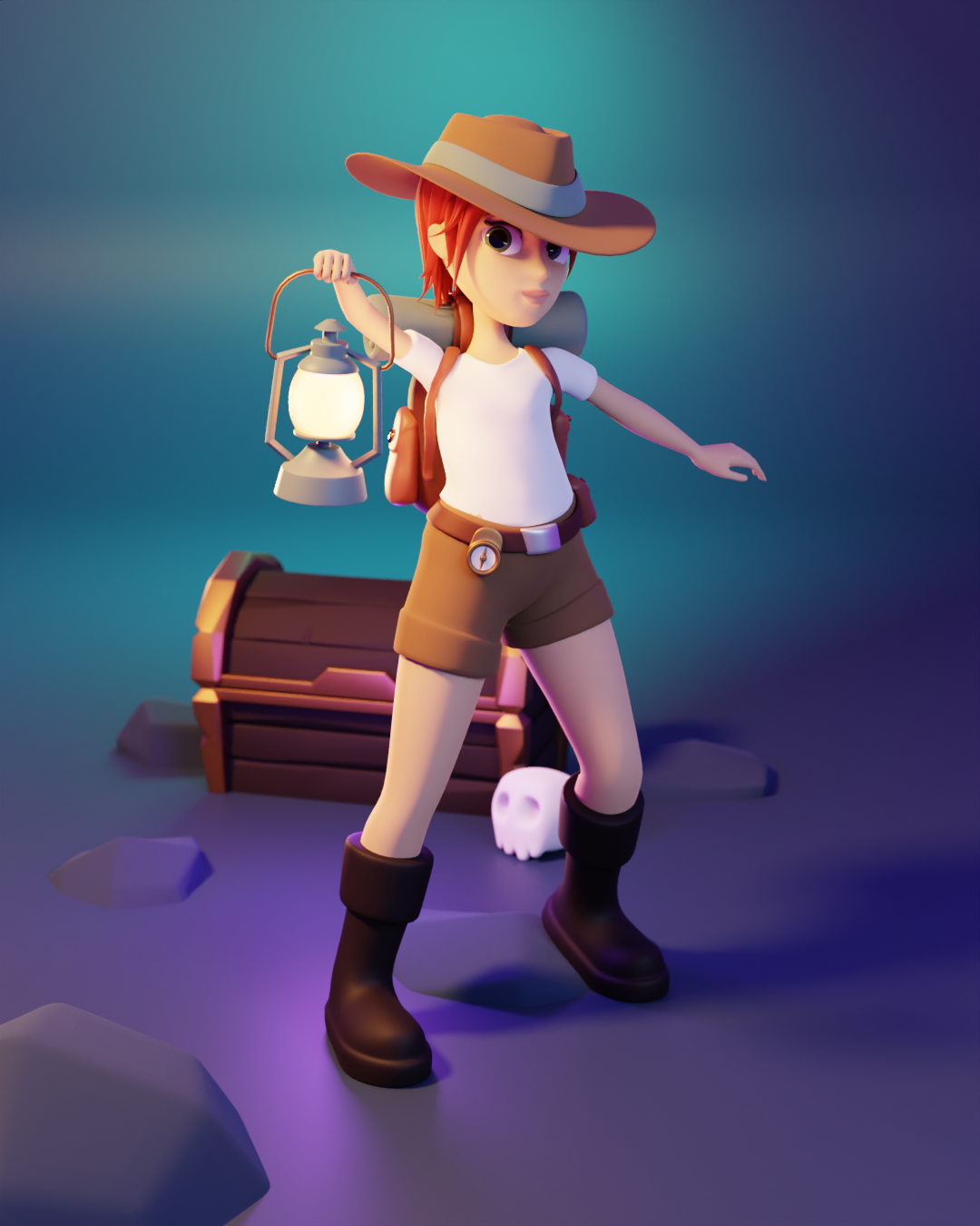 Adventure Character 3d adventure backpack blender character character desgin compass female hat illustration lantern pose red hair render rigging skull treasure
