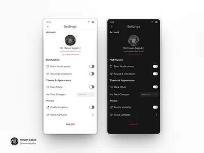 Mio Messaging App – Settings Page UI Light & Dark Mode minimal design