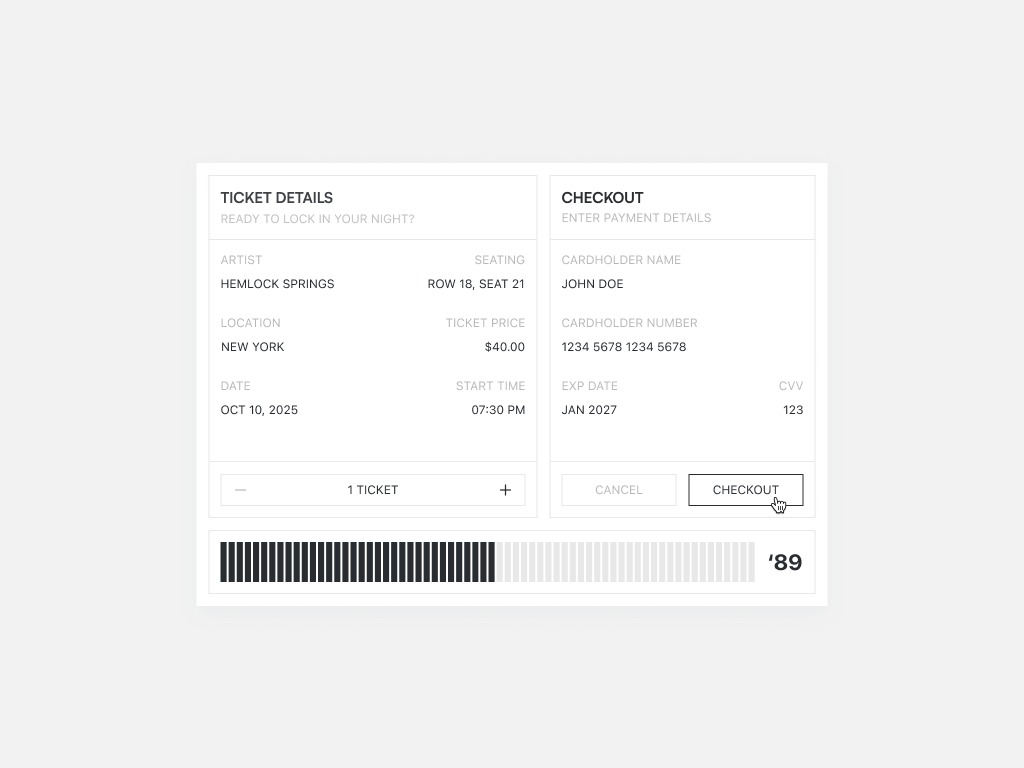 Ticket Checkout Modal checkout clean concert countdown form pay payment payment information ticket timer ui ux web