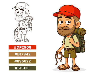 Cute Hiker Man Cartoon | Cartoon Hiker Vector Illustration beehaya branding cartoon cartoon hiker cartoon man coloring cute design funny character graphic design hiker illustration hiker man hiker mascot hiker vector design holding rope illustration logo sad man sketch vector