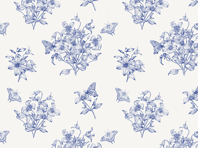 Blue Toile seamless pattern. Hand drawn blue bouquet butterfly clematis design drawing engraving fashion apparel floral flowers graphics hand drawn illustration pattern seamless pattern toile pattern vector vintage vintage pattern wedding