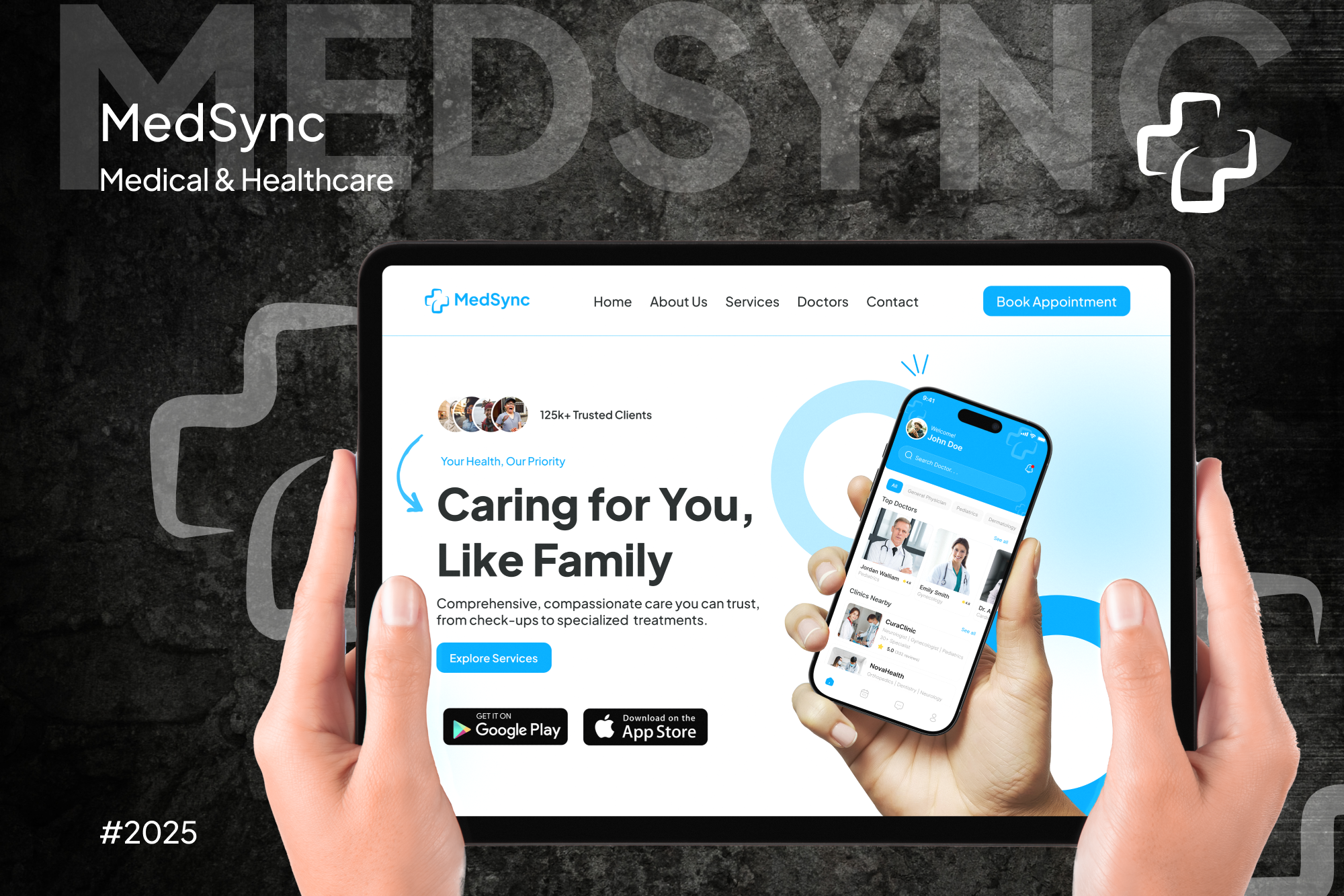 MedSync | Modern & Minimal Healthcare Landing Page branding color scheme doctor figma graphic design health care website healthcare landing page landing page ui medical medical landing page typography ui design uiux design visual identity website websitedesign websiteui