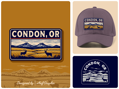 Rustic Thread Patch Design — Condon, Oregon Inspired apparel patch condon oregon country style custom patch graphic design hat patch logo design logo patch mountain logo outdoor design outdoor logo patch design rustic style scenic design vector design wheat field wildlife design
