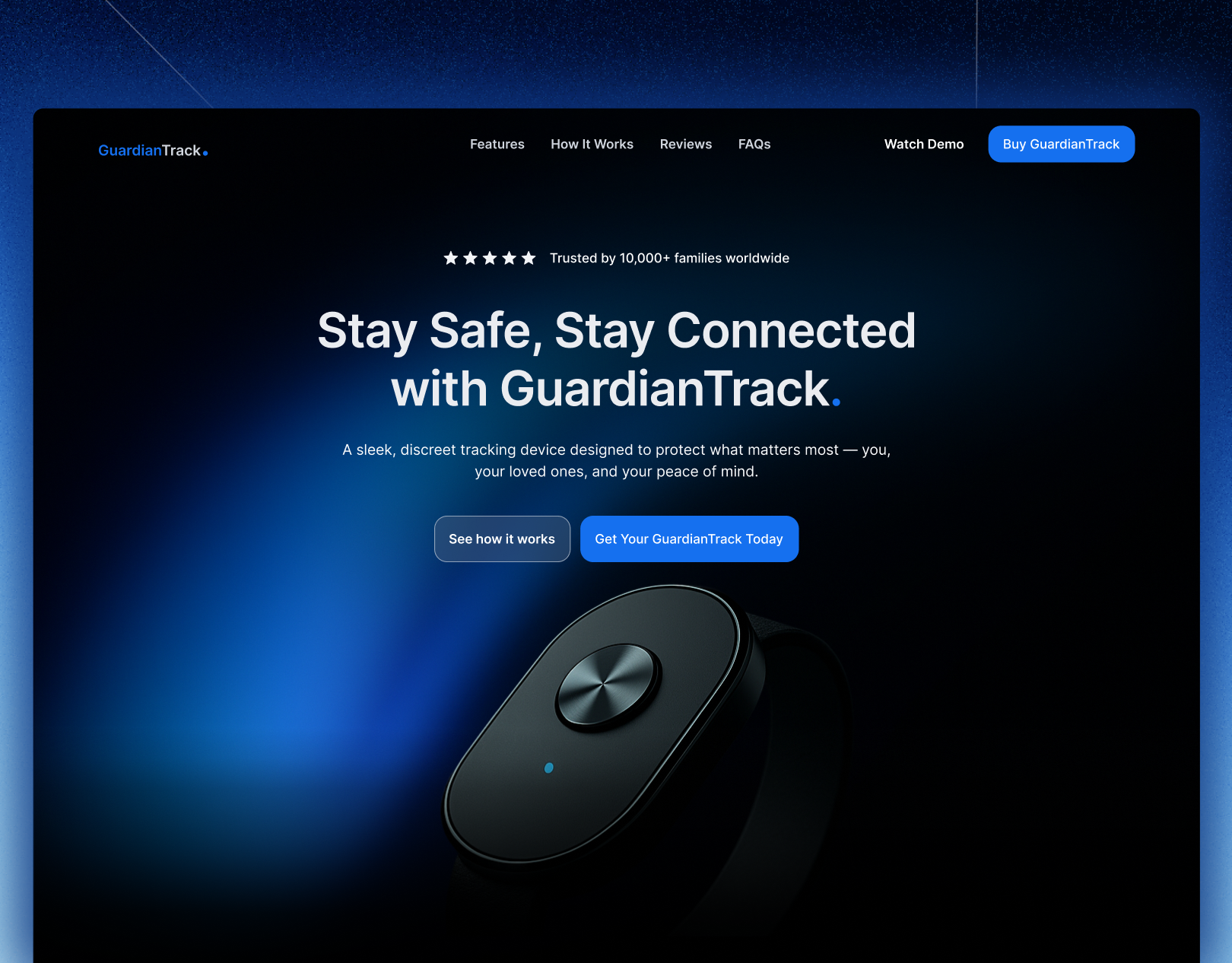 Guardian Track - Smart Security Device Hero clean design dark hardware style design landing page physical product hero product launch design real device showcase security gadget ui smart device hero tech hardware landing tech product website ui ui design web design website design
