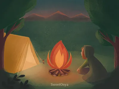 Campfire. Candle label illustration 2d branding cartoon children illustration cozy elf forest illustration tent view