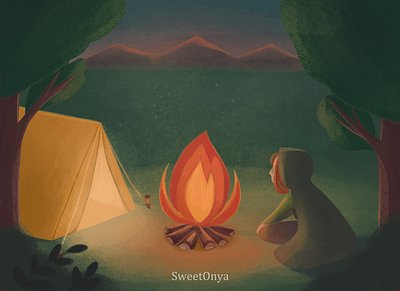 Campfire. Candle label illustration 2d branding cartoon children illustration cozy elf forest illustration tent view