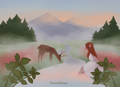 Morning in the mountains. Candle label illustration 2d animals branding cartoon children illustration deer elf fog foggy forest girl illustration meadow mint mist river sunrise