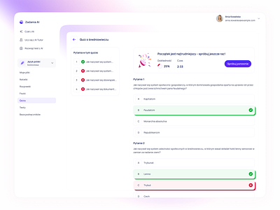 Quiz Results & Answer Review UI — AI-Powered Learning App Dashbo accuracy ai ai learning ai tutor clean design dashboard feedback gradients learning app progress tracking review ui ux